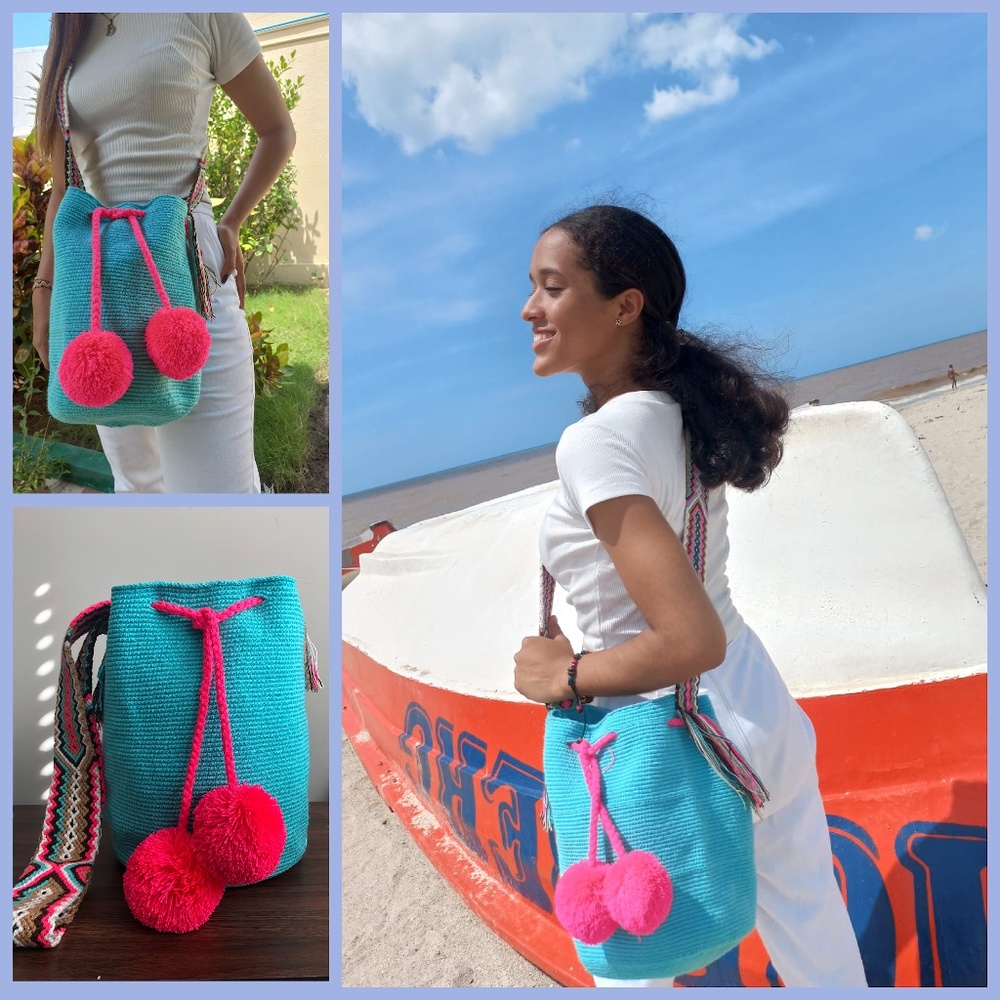 Authentic Wayuu bag / aquamarine blue / multicolored strap/ Size L - Picture 6 of 9